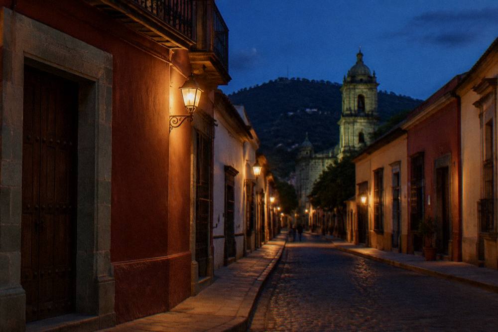 A quiet lit colonial street corner in Oaxaca City at night with closed wooden doors