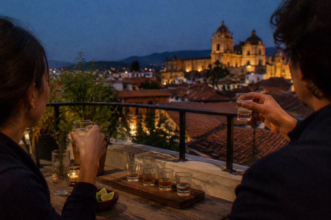A couple sharing a mezcal tasting on a rooftop terrace above tiled rooftops at dusk