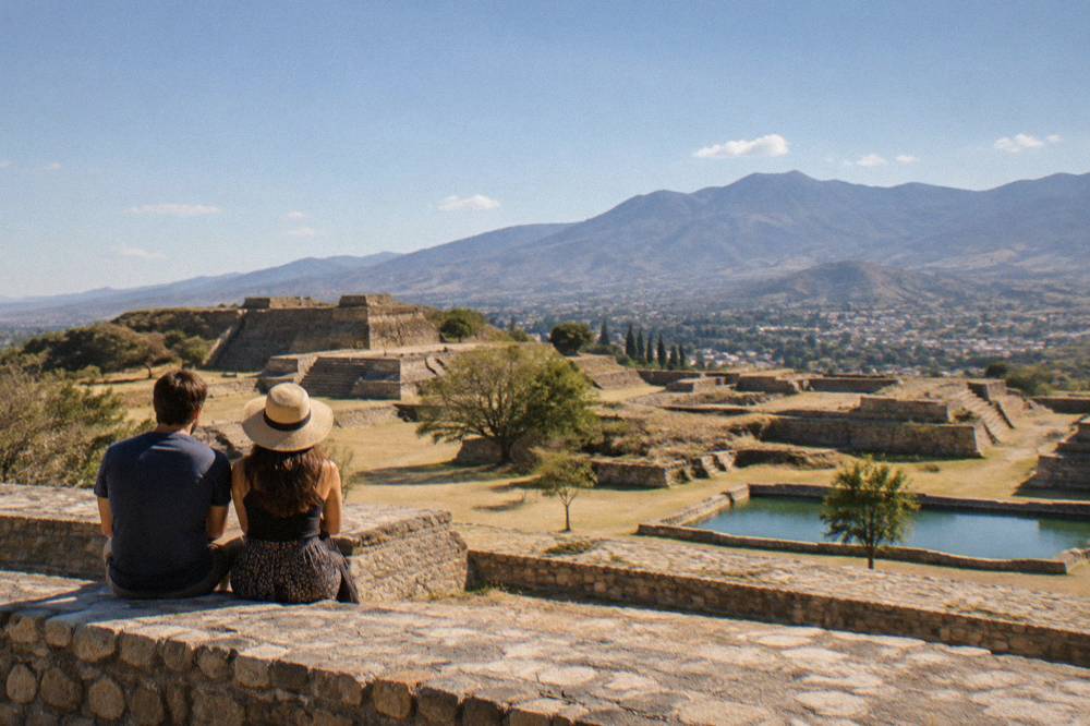 A couple looking out over the plazas and terraces of a hilltop archaeological site in the morning