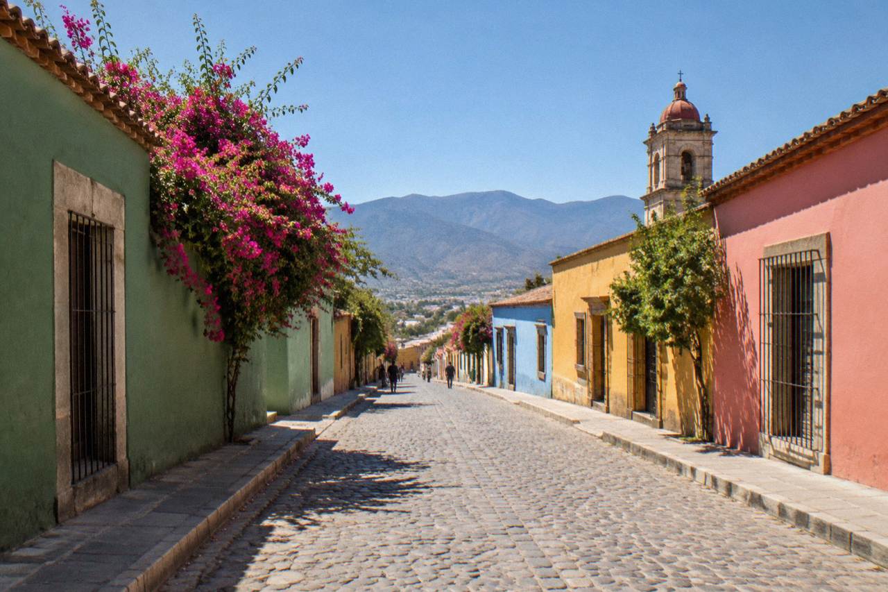 A quiet cobblestone street in Oaxaca City with green and red painted walls and mountains in the distance