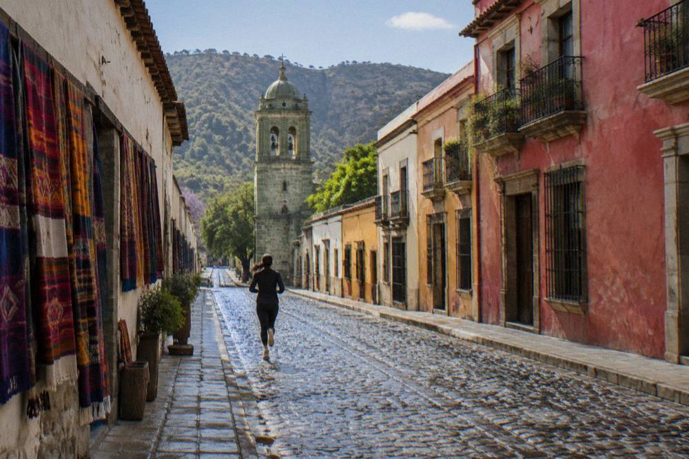A village workshop in the valleys near Oaxaca with woven textiles hanging on a wall