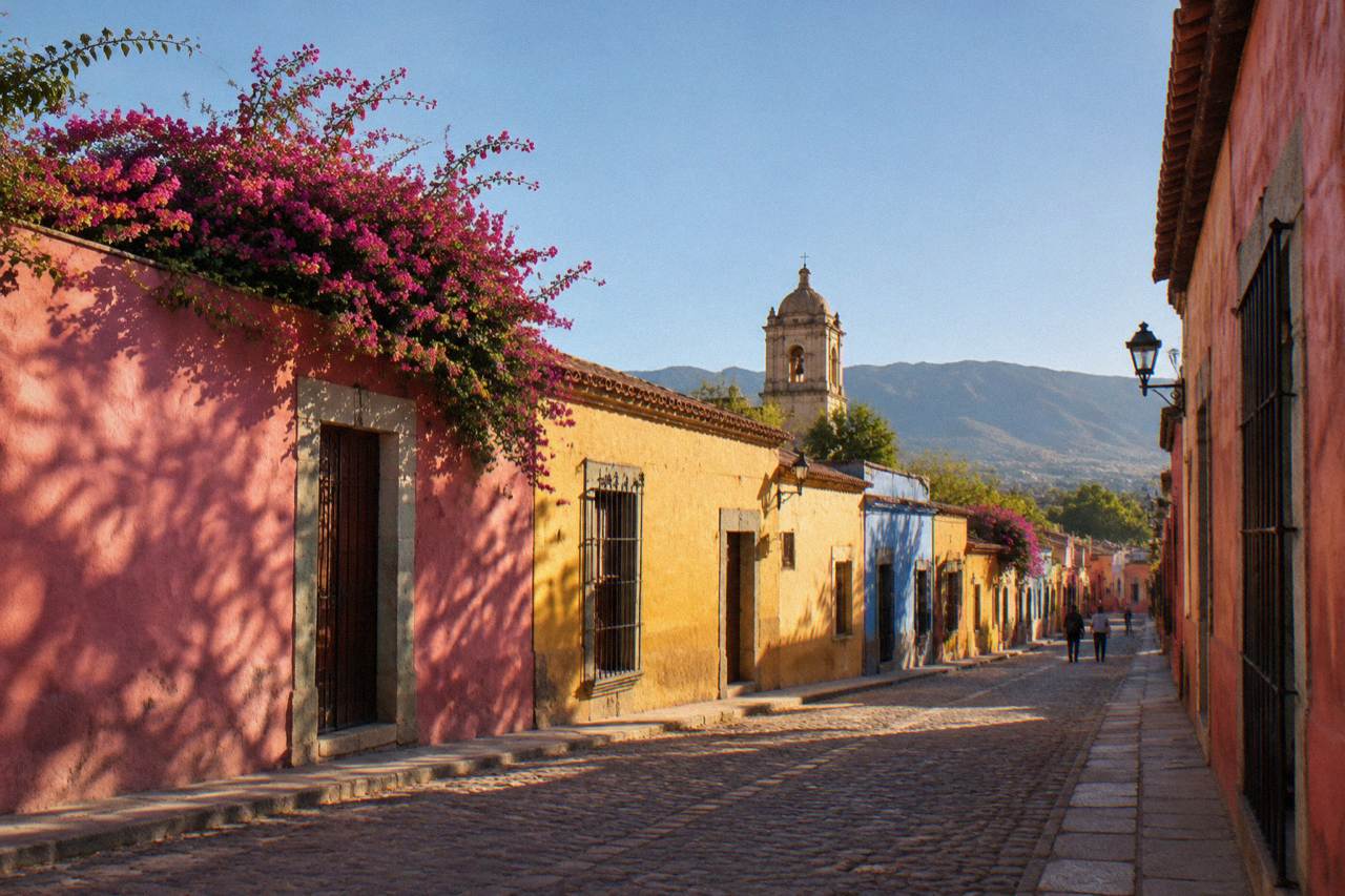 A colonial street in Oaxaca City with colourfully painted facades under a clear sky
