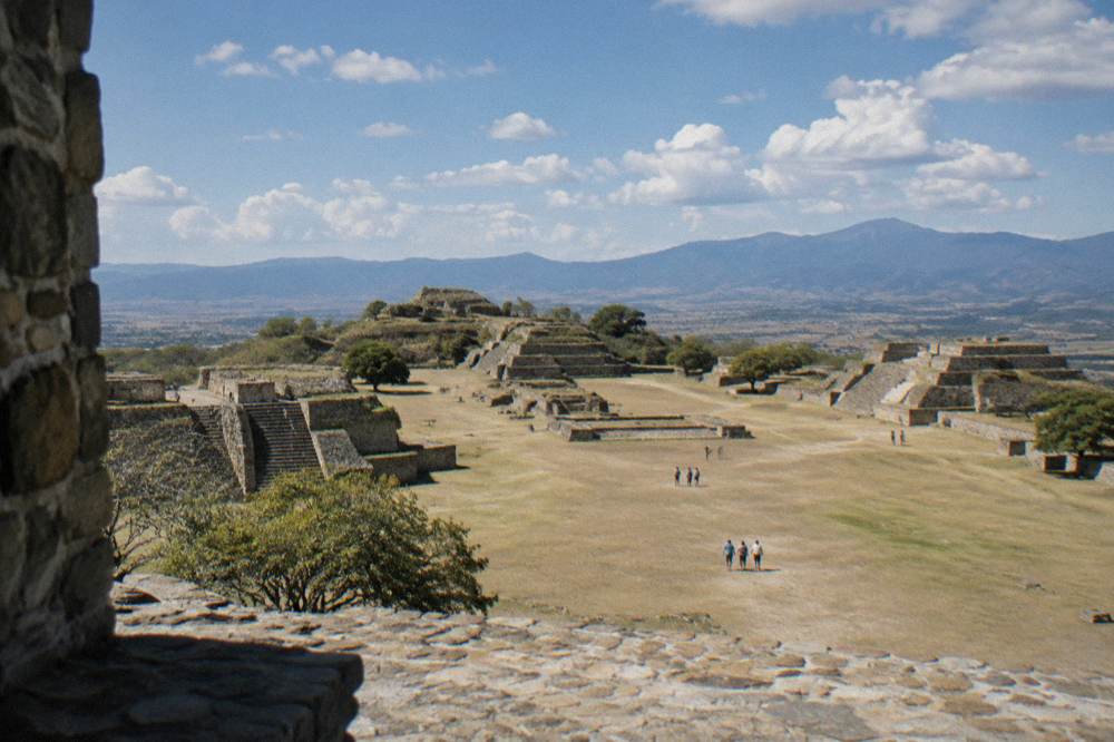A view over the Monte Albán grand plaza from one of its platforms