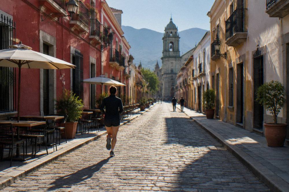 A shaded pedestrian street in Oaxaca City's historic centre with colonial buildings