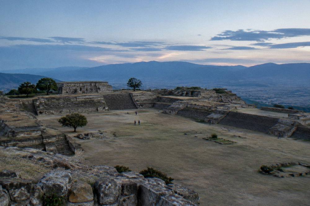 The expansive terraces of the Monte Albán archaeological zone above the Oaxaca valley