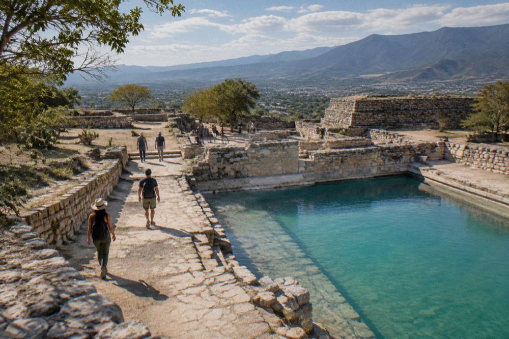 Visitors walking among stone ruins under afternoon clouds in the Oaxaca valley