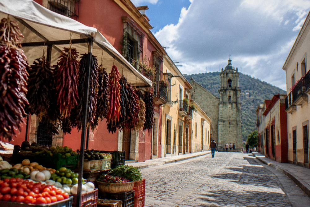 A market stall with stacked fresh produce and hanging dried chiles in Oaxaca City