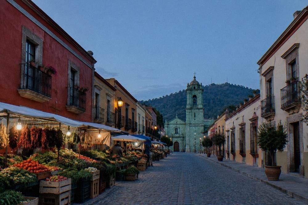 Stalls of fresh produce, chillies and herbs inside a Oaxaca City market