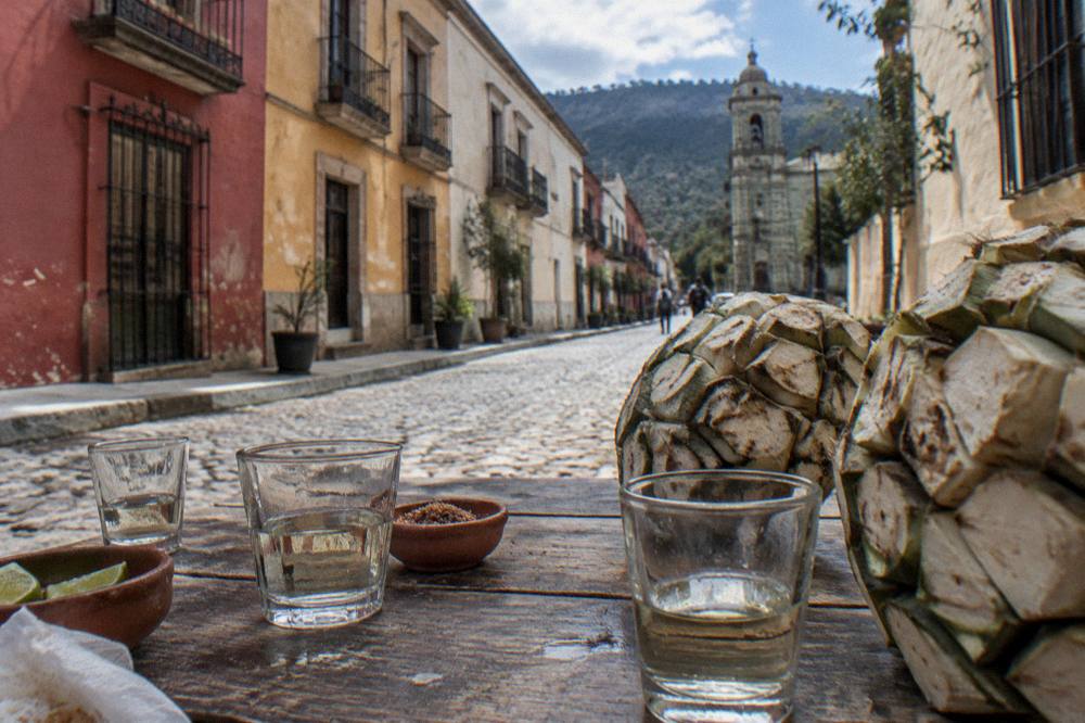 Glasses of mezcal and agave piñas arranged on a rustic tasting table