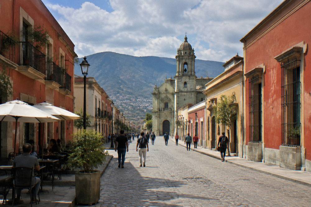 Church facade and pedestrians on a pedestrian street in Oaxaca City