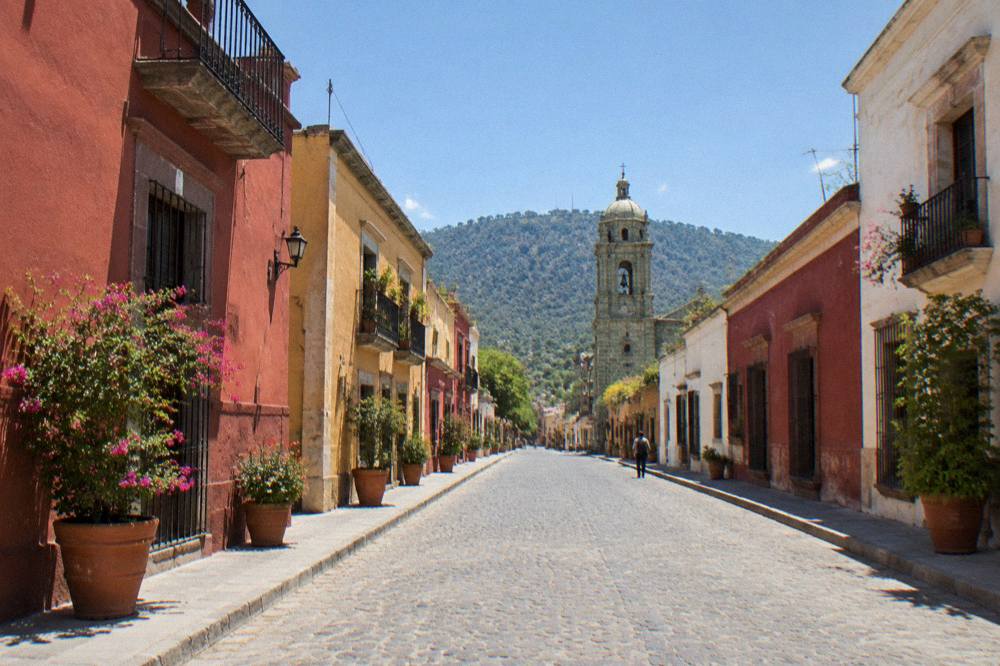 Cobblestone street with coloured walls and potted plants in a hillside neighbourhood