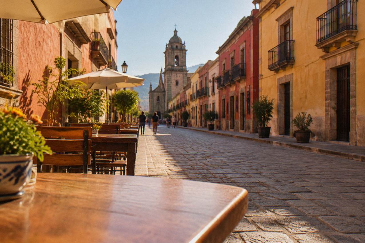 A quiet pedestrian street in Oaxaca City with colonial buildings in warm colours under a clear sky