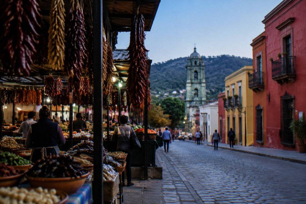 A busy food market hall in Oaxaca City with stalls and hanging dried chiles