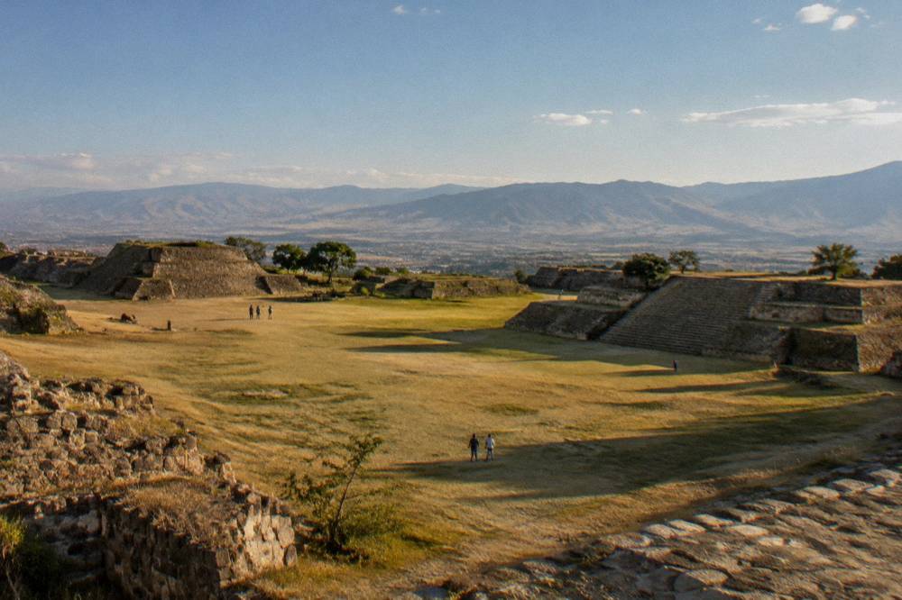 The stone terraces of the Monte Albán archaeological site above the Oaxaca valley