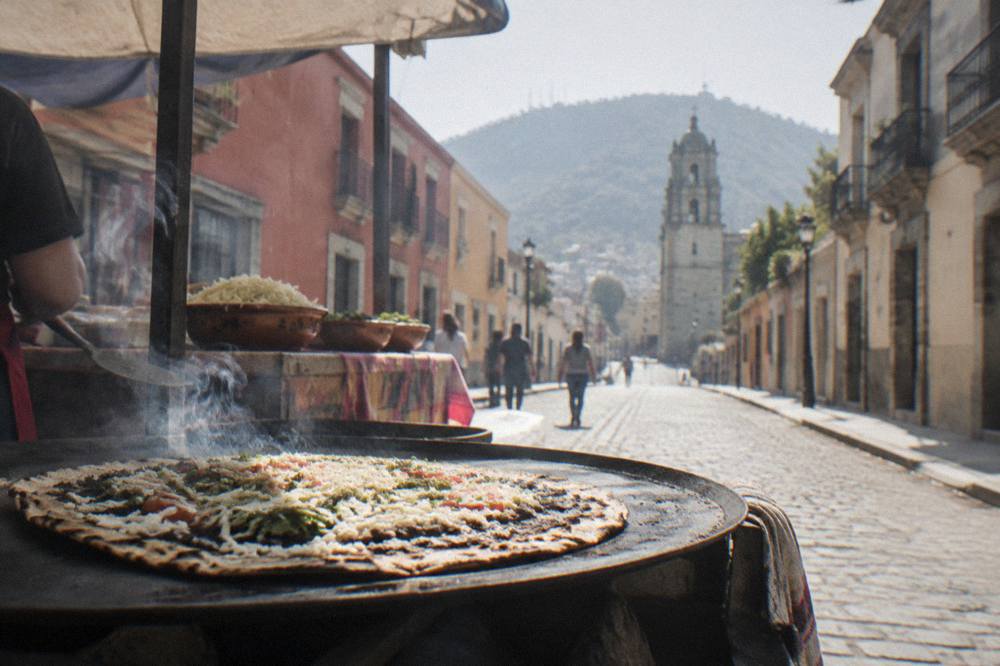 A tlayuda grilling on a comal at a market stall in Oaxaca City