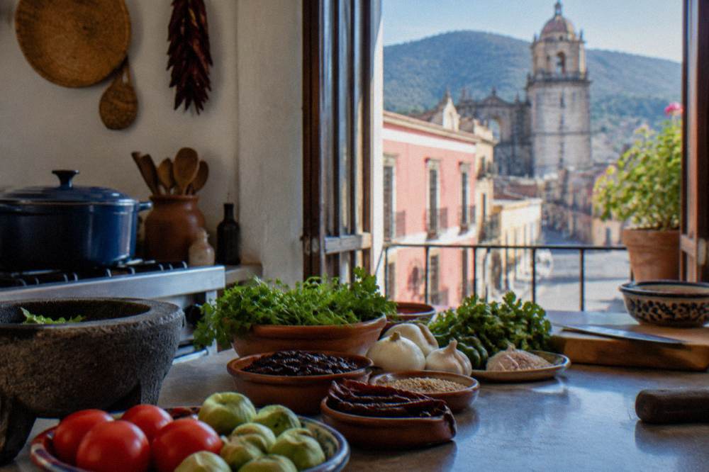 Cooking class kitchen in Oaxaca with ingredients laid out on a counter