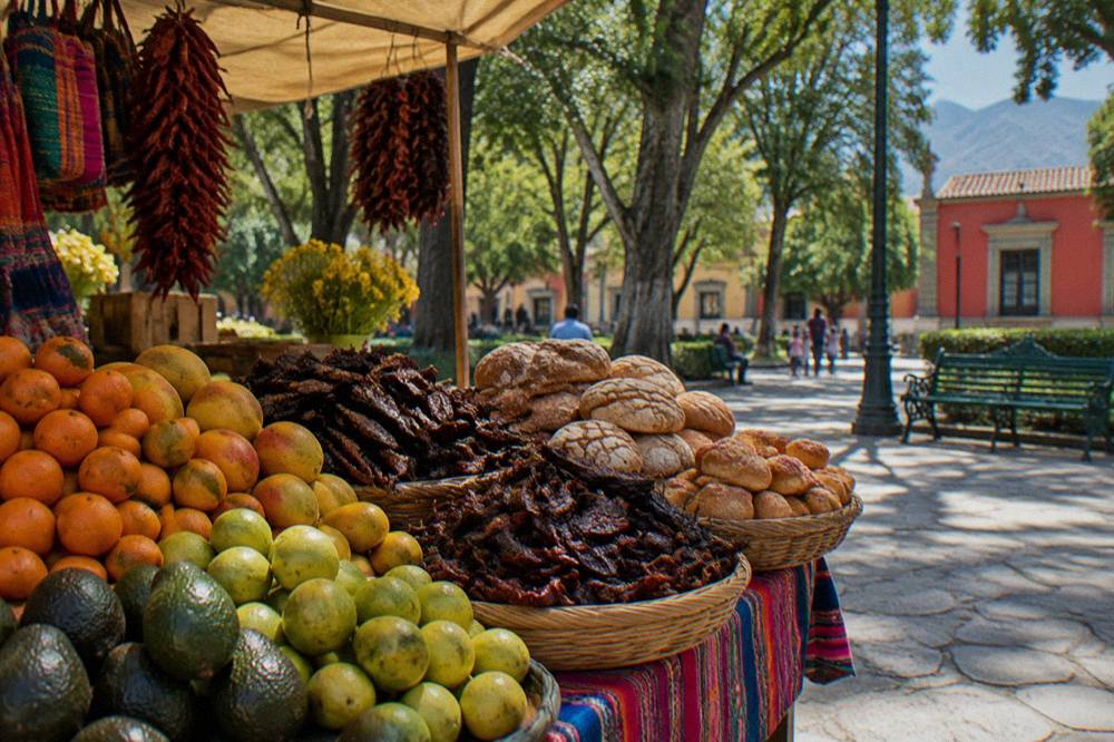 A colorful Oaxacan market stall with piles of fruit, chiles and breads