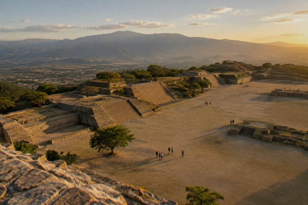 The stone terraces and platforms of Monte Albán under a morning sky
