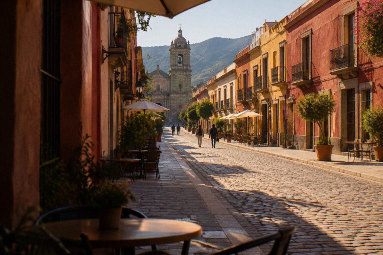 A quiet pedestrian street in the historic centre of Oaxaca City with a church facade at the end