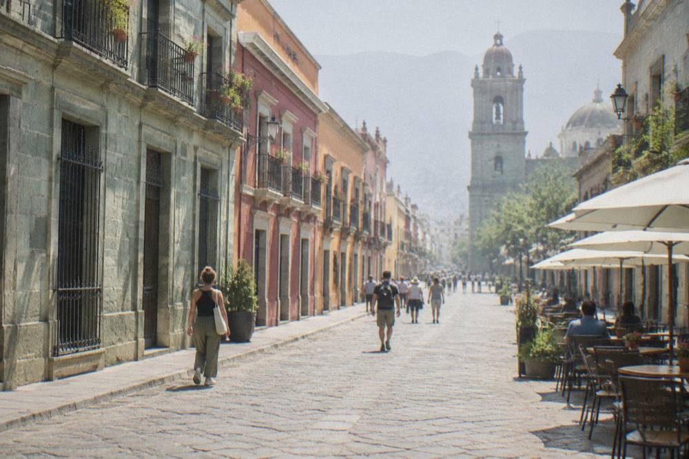 Travellers walking along a stone-paved pedestrian street lined with green cantera buildings in Oaxaca