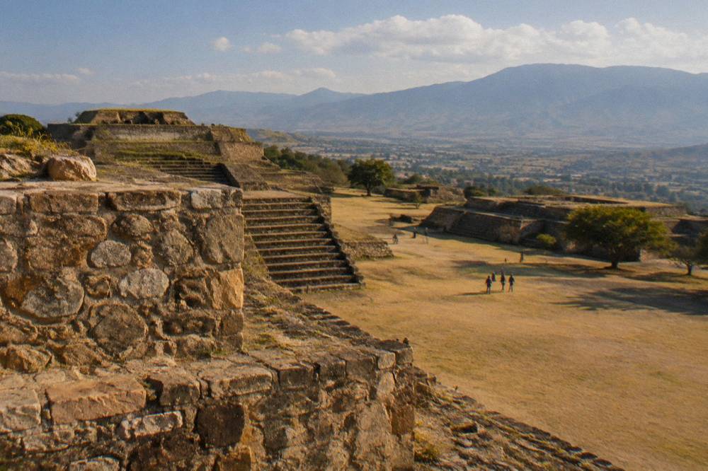 The stone terraces of Monte Albán archaeological site above the Oaxaca valley in morning light