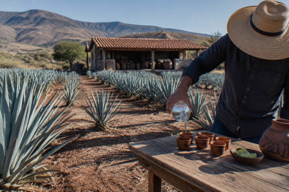 A guide pouring mezcal from a bottle into small clay tasting cups on a wooden table