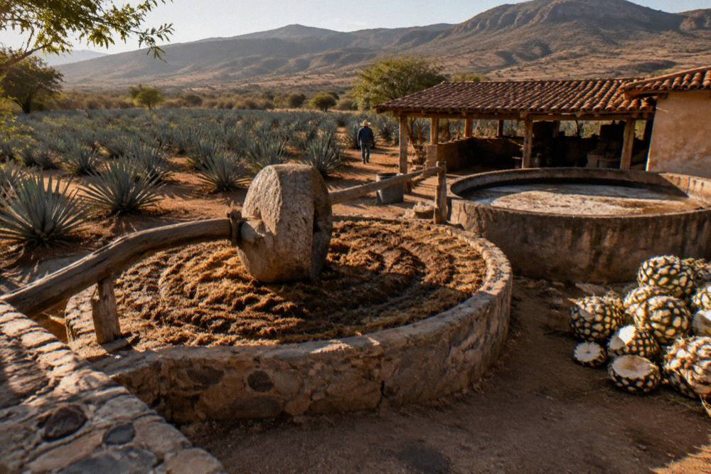 A stone tahona wheel and fermentation vat at a small palenque in the Tlacolula Valley