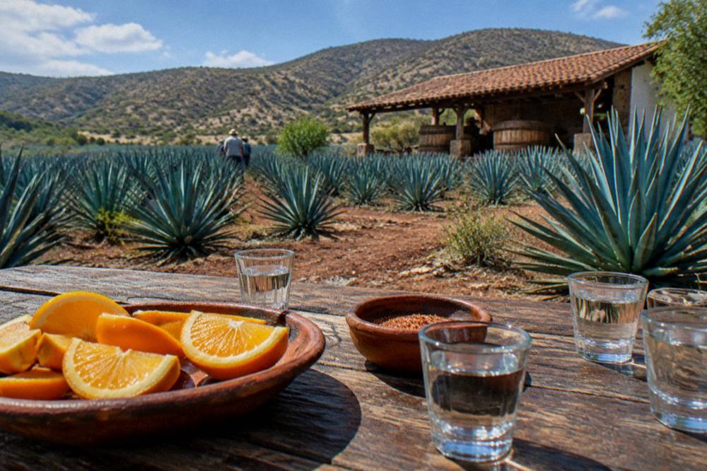 An outdoor tasting table set with orange slices and small cups of mezcal at a family distillery