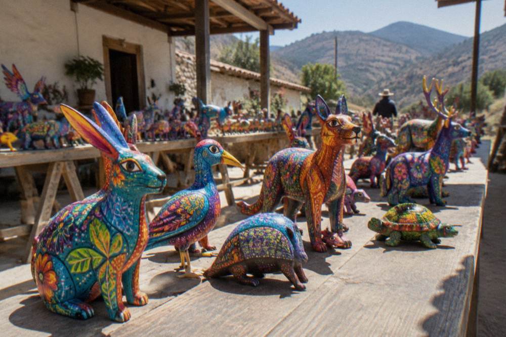 Colourful hand-painted alebrije figures arranged on a workshop table
