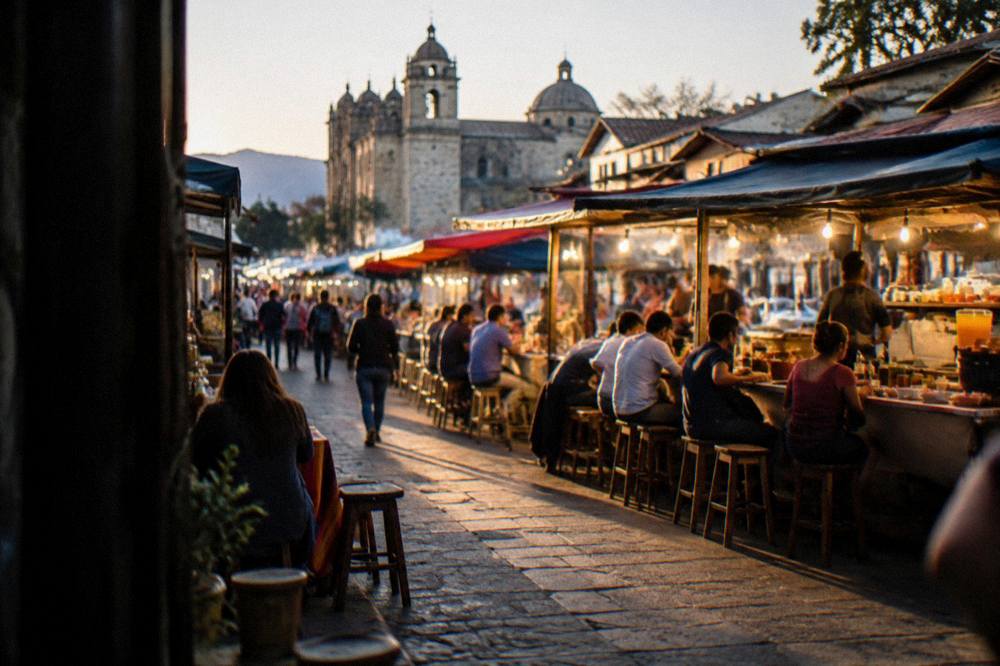 An evening food street in Oaxaca with lit stalls and people eating at counters