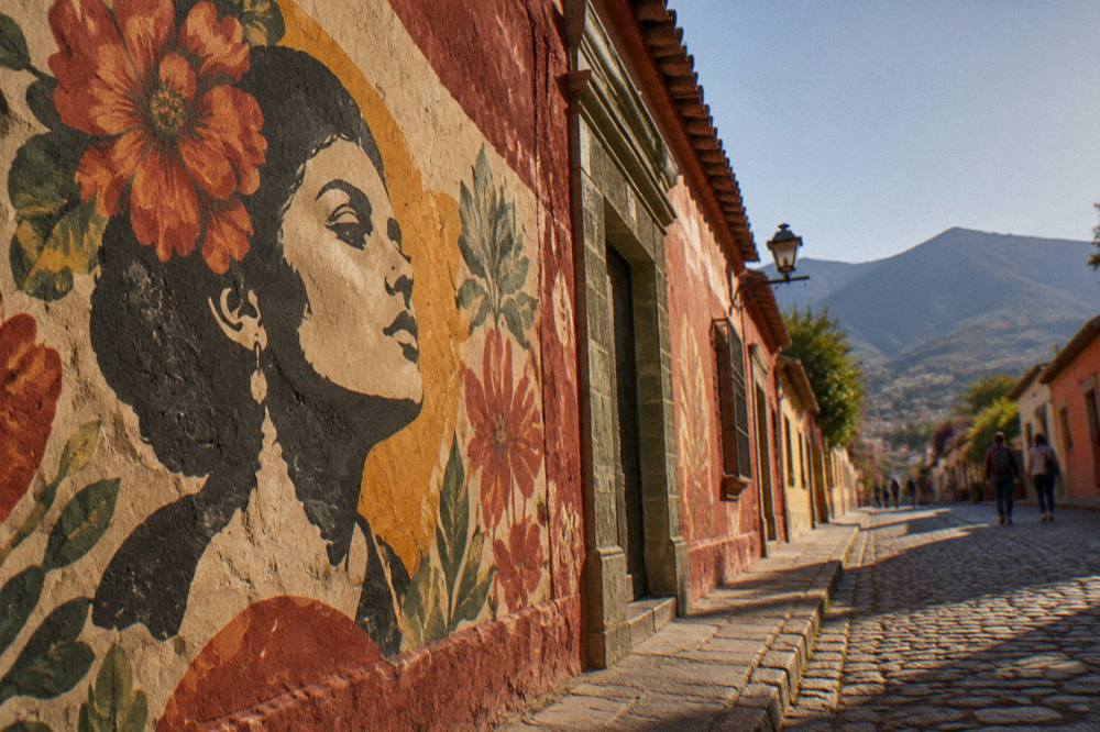 A brightly painted mural covering the side wall of a house in a Oaxaca neighbourhood