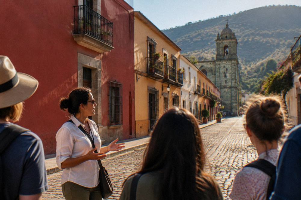 A guide speaking to a small group of visitors on a street corner in Oaxaca City